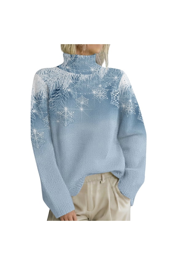 Women'S Clothing Women's Christmas Print High Neck Sweater, Festive Long Sleeve Pullover with Fold Over Collar for a Stylish and Warm Holiday Season Outfit Essential Silver S