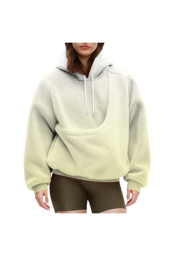 Women'S Clothing Women's Flannel Hooded Sweatshirt with Ombre Color Effect and Pocket, Cozy Outdoor Pullover for Fall Hiking and Casual Street Style Fashion Beige L