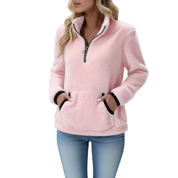Gkeoshab Women'S Clothing Women's Short Cropped Collared Sweatshirt with Half-Zip Design, Plush Pocket Front and Boucle Texture for Chic Casual Style and Layered Fashion Outfits Pink XXL