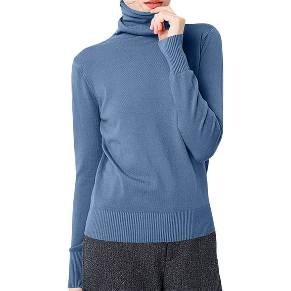 Gkeoshab Women'S Clothing Women's Stacked Turtle Neck Long Sleeve Base Layer Sweater, Stretchy Knit Pullover with Fold-Down Collar Design for Warm Layering and Slimming Silhouette Blue M
