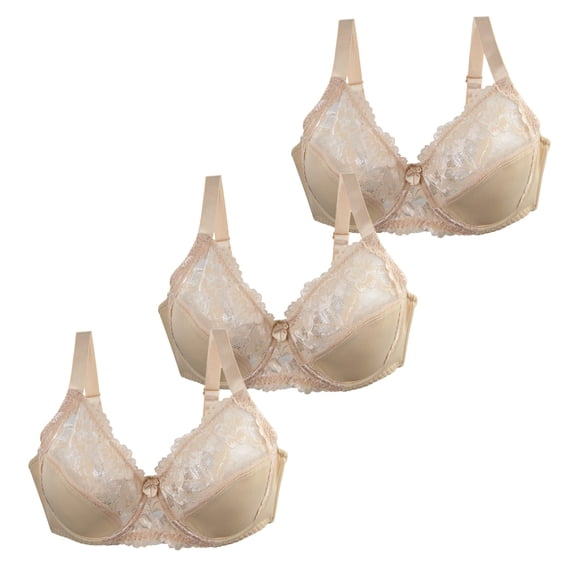 Gkeoshab Women's Bras 3PC Women's Plus Size DEF Cup Lace Mesh Bras Breathable Full Coverage Bra B 90D