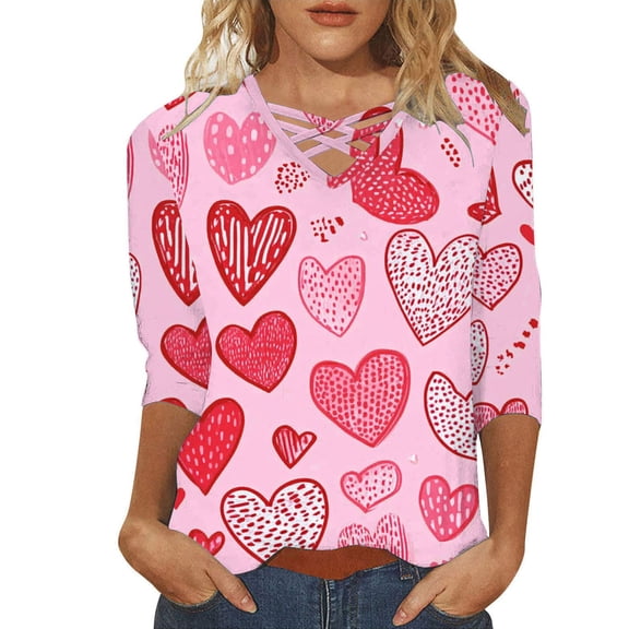 Gkeoshab Women's Fashion Long Sleeve Soft Top with Romantic Heart Print Perfect for Valentine's Day Pink L