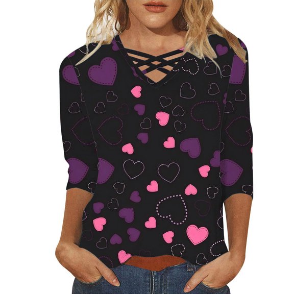 Gkeoshab Women's Fashion Long Sleeve Soft Top with Romantic Heart Print Perfect for Valentine's Day Wine Red XL