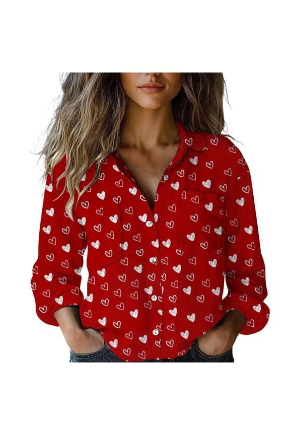 Women's Long Sleeve Blouse Bubble Wrinkles Textured Valentine's Print Shirt Casual Romantic Top Brick Red L
