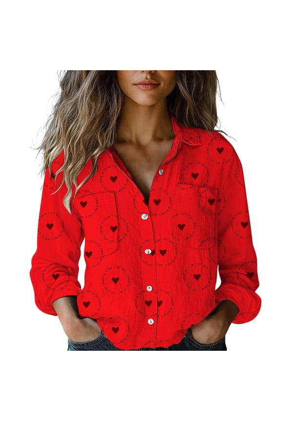 Women's Long Sleeve Blouse Bubble Wrinkles Textured Valentine's Print Shirt Casual Romantic Top Red L