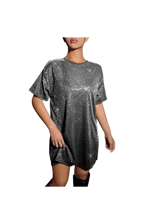 Women's Shiny Accent Print Reflective T-Shirt Loose Fit Round Neck Short Sleeve Top for Party & Club Silver L