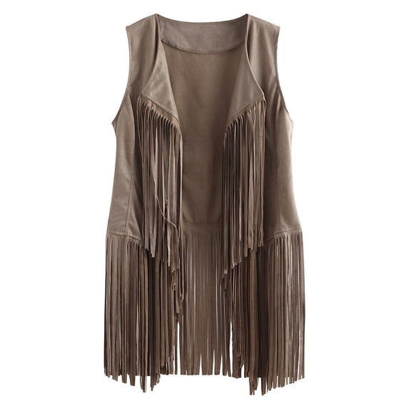 Gkeoshab Women's Tops, Tees & Blouses 2026 Solid Color Fringe Suede Vest Jacket Sleeveless Midi-Length Layering Outerwear & Vest Top Beige L
