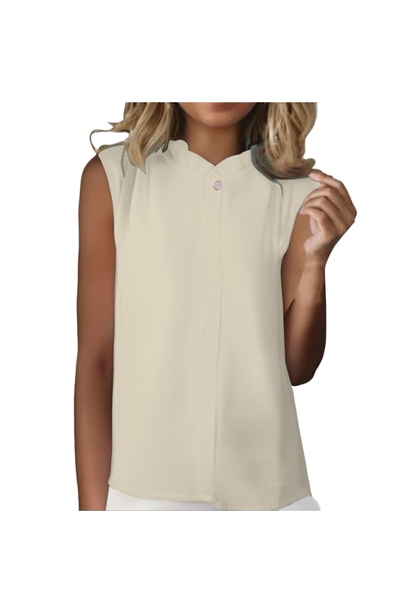 Women's Tops, Tees & Blouses Professional Ruffle Collar Sleeveless Top Solid Ice Silk Vest Blouse for Business Suit & Office Wear Beige M