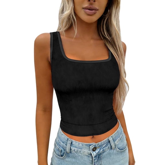 Gkeoshab Women's Tops, Tees & Blouses Ribbed Texture Cropped Tank Top Solid Color Sleeveless Cami for Everyday Wear Black M