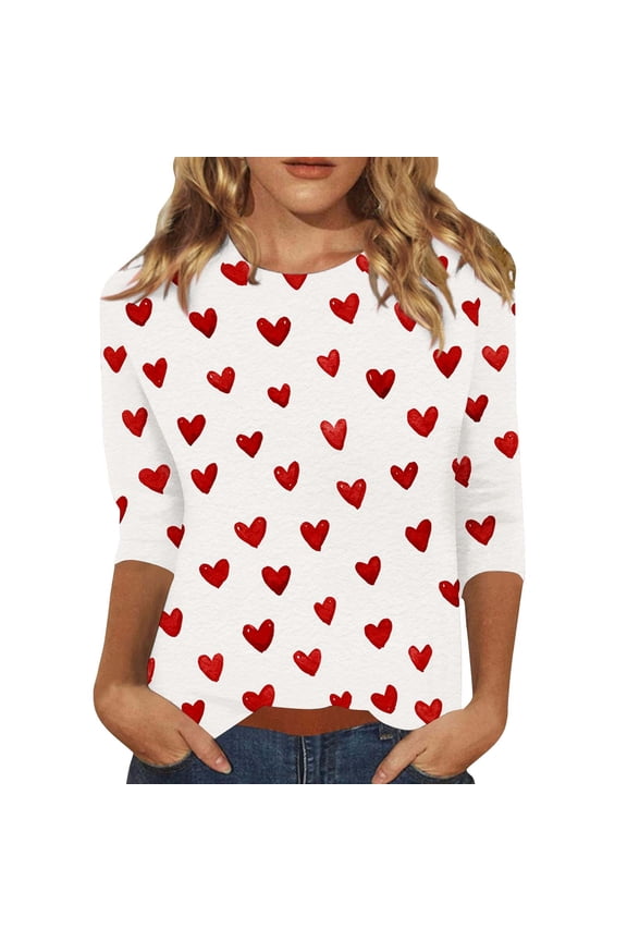 Women's Valentine's Day Heart Print Blouse Long Sleeve Shirt Casual Top Brick Red L