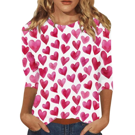 Gkeoshab Women's Valentine's Day Heart Print Blouse Long Sleeve Shirt Casual Top Red M