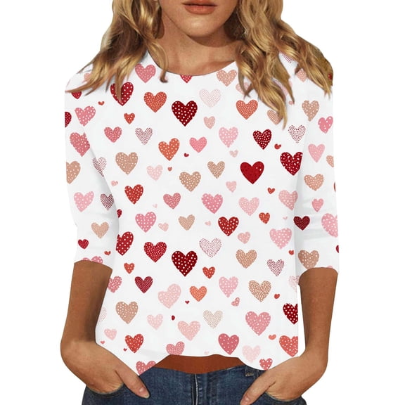 Gkeoshab Women's Valentine's Day Heart Print Blouse Long Sleeve Shirt Casual Top White M