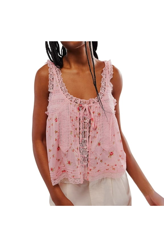 Womens Blouses 2026 Button Down Lace Trim Cami Top Sweet Style Slim Fit Sleeveless Blouse in Lightweight Cotton Linen Pink S