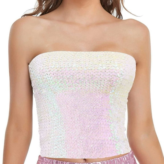 Gkeoshab Womens Blouses 2026 Carnival Midi-Length Strapless Sequin Bustier Top Colorful Vest for Celebrations Party Pink One Size