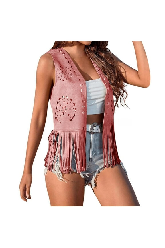 Womens Blouses Western Style Fringe Vest Sleeveless Open Front Knit Cardigan with Cut-Out & Printed Design Pink M