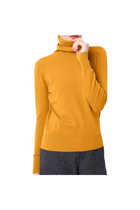Womens Christmas Sweatshirt Women's Stacked Turtle Neck Long Sleeve Base Layer Sweater, Stretchy Knit Pullover with Fold-Down Collar Design for Warm Layering and Slimming Silhouette Yellow S