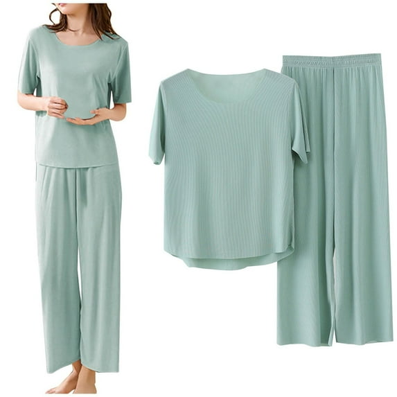 Gkeoshab Womens Pajama Sets Solid Color 2 Piece Loungewear Short Sleeve Soft Loose Fit Pajama Set Comfortable Sleepwear