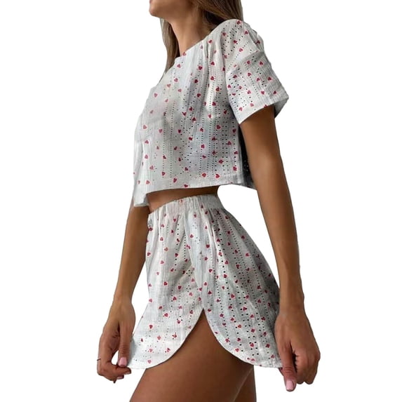 Gkeoshab Womens Pajamas Women Cute Heart Printed Lightweight Thin Summer Pajamas Cool Breathable Blended Fabric Cropped Length Split Side Two Piece Sleep Lounge Set Red L