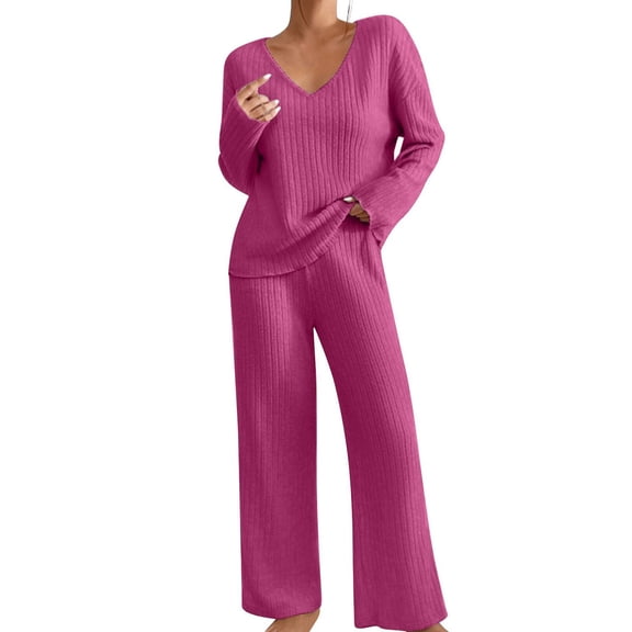 Gkeoshab Womens Sweaters 2 Piece Sets for Women Loungewear Wide Leg Pants Sweatsuits Collar V Neck Pajama Matching Sets Hot Pink S