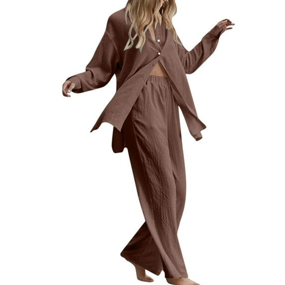 Gkeoshab Womens Sweaters Women's 2 Piece Outfits Button Down Long Sleeve Shirt and Wide Leg Pants Set Coffee XXXXXL