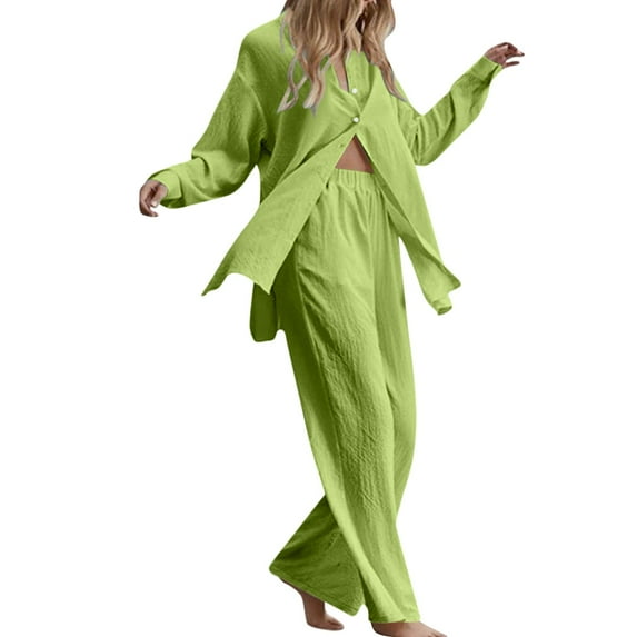 Gkeoshab Womens Sweaters Women's 2 Piece Outfits Button Down Long Sleeve Shirt and Wide Leg Pants Set Green L