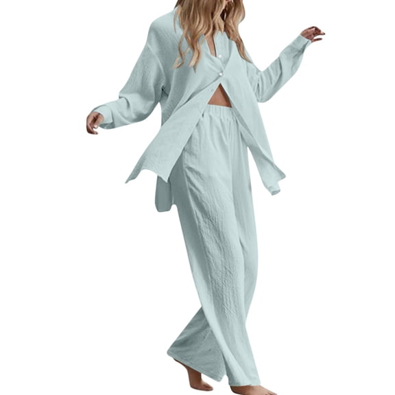 Gkeoshab Womens Sweaters Women's 2 Piece Outfits Button Down Long Sleeve Shirt and Wide Leg Pants Set Mint Green L