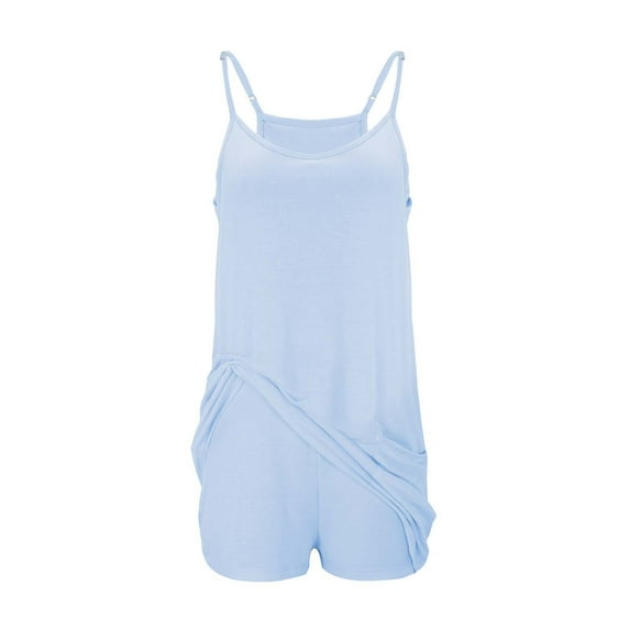 Gkeoshab Womens Sweaters Women's Sleeveless Romper Summer Casual Loose Spaghetti Strap Short Overalls Jumpersuit with Pockets Sky Blue XXXL