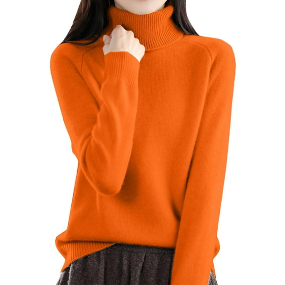 Gkeoshab Womens Sweaters Womens 2026 Winter Fall Solid Turtleneck High Neck Balloon Long Sleeve Sweaters Pullover Outerwea Orange S