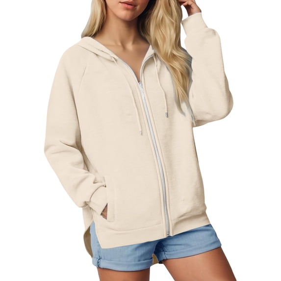 Gkeoshab Womens Sweatshirt Women's Solid Color Raglan Sleeve Zip-Up Hooded Sweatshirt with Side Pockets, Athletic Inspired Jacket for Modern Casual Style and On-the-Go Comfort Beige L
