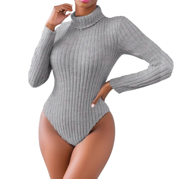 Gkeoshab Womens Tops High Neck Knit Jumpsuit for Women – Fashion Slim-Fit Long Sleeve One-Piece Grey S