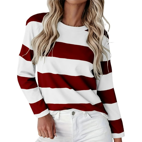 Gkeoshab Womens Tops Striped Print Long Sleeve T-Shirt for Women – Lightweight Pullover Layering Top Brick Red XXL