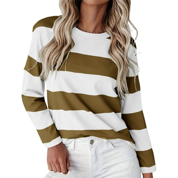 Gkeoshab Womens Tops Striped Print Long Sleeve T-Shirt for Women – Lightweight Pullover Layering Top Coffee M