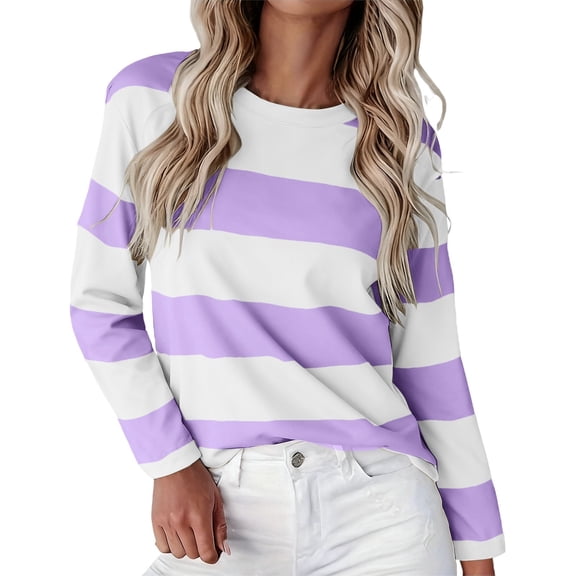 Gkeoshab Womens Tops Striped Print Long Sleeve T-Shirt for Women – Lightweight Pullover Layering Top Purple M