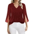 thumbnail image 1 of Gkeoshab Womens Tops Women's Bell Sleeve Top Double-Layer Silver Thread Wine Red XL, 1 of 4