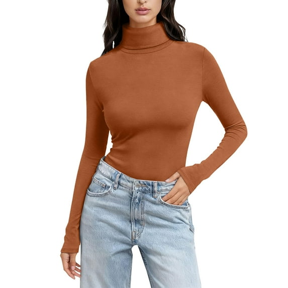 Gkeoshab Womens Tops Women's High Neck Cowl Neck Long Sleeve T-Shirt Cotton Layering Top for Everyday Wear Khaki XL