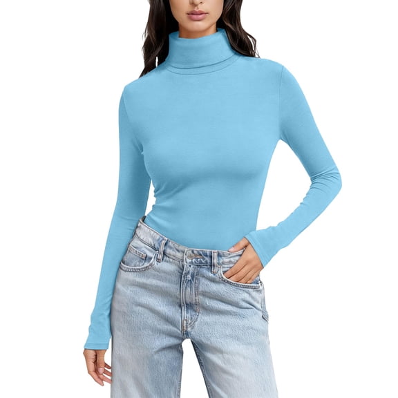 Gkeoshab Womens Tops Women's High Neck Cowl Neck Long Sleeve T-Shirt Cotton Layering Top for Everyday Wear Sky Blue XXL