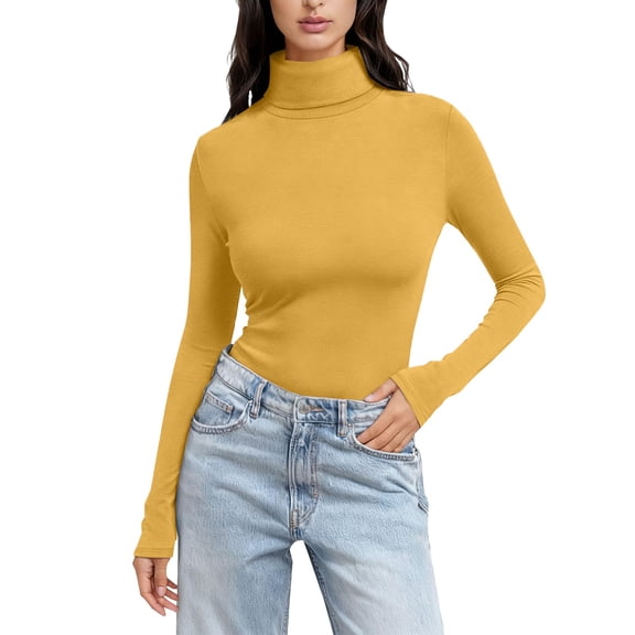 Gkeoshab Womens Tops Women's High Neck Cowl Neck Long Sleeve T-Shirt Cotton Layering Top for Everyday Wear Yellow 3XL