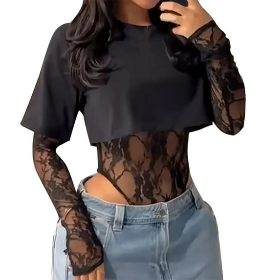 Gkeoshab Womens Tops Women's Lace Patchwork Print Round Neck Mock Two-Piece Jumpsuit Casual Long Sleeve One-Piece T-Shirt Black XL