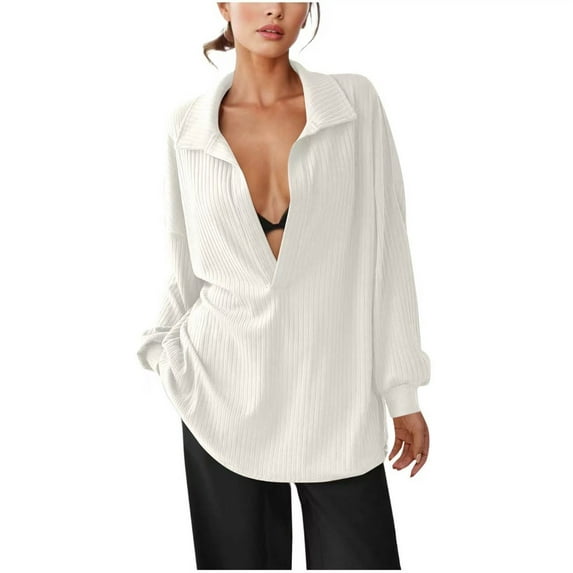 Gkeoshab Womens Tops Women's Long Sleeve Knit Casual Loose Fit Shirt Relaxed Button Down Blouse White XL