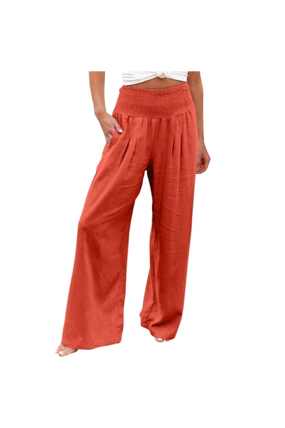 Work Pants Women Women's Classic Cotton Linen Casual Pants High Waist Loose Fit Long Trousers for Daily Wear, Work & Vacation Orange XXL