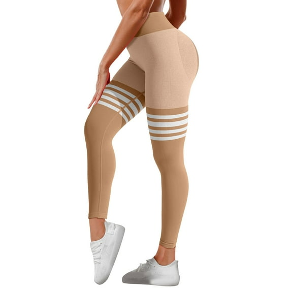 Gkeoshab Yoga Pants Women's Striped High Waist Workout Leggings Butt Lifting Yoga Pants, Quick Dry & Slim Fit Khaki M
