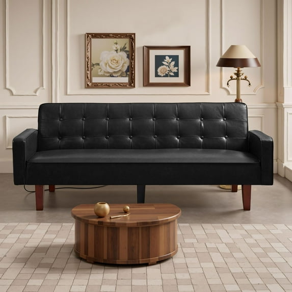 74" Faux Leather Futon Sofa Bed With Adjustable Backrests, Mid-Century Modern Loveseat, Small Space Sleeper Sofa for Living Room, Apartment(Black)