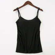 GlTpooo Women's Cami With Built-In Shelf Bra Plus Stretch with Adjustable Spaghetti Straps Basic Undershirt Layer Tank Top Black L