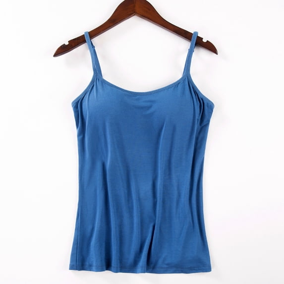 GlTpooo Women's Cami With Built-In Shelf Bra Plus Stretch with Adjustable Spaghetti Straps Basic Undershirt Layer Tank Top Blue XL