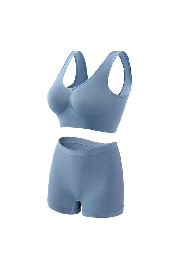 Workout Underwear Sets for Women Plus Size Comfy Breathable Seamless Bralettes with Shorts Legging 2 Pieces Yoga Sports Bra and Panties Blue 2XL