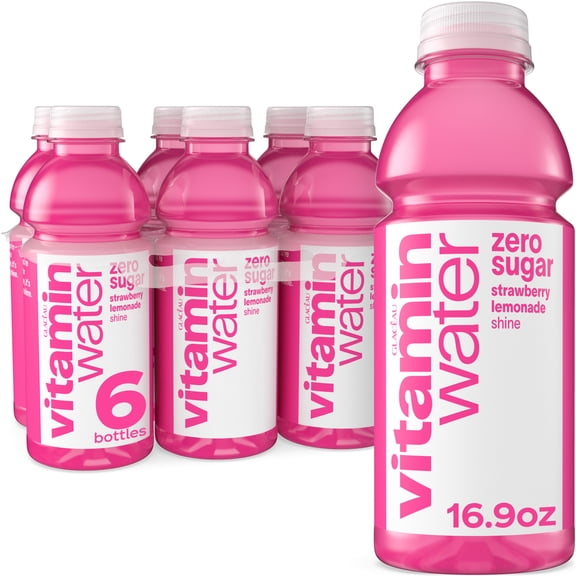 vitaminwater Shine Zero Sugar Strawberry Lemonade Water Beverage Bottles, 16.9 fl oz, 6 Pack