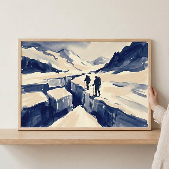 Glacial Hiker Indigo Mountain Trekking Blue Snowy Landscape Poster Unframed Paper Print