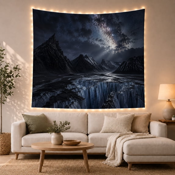 Glacial Mountains Under Night Sky With Milky Way, Serene Celestial Photography for Nature Lovers, Majestic Wilderness Wall Art, Housewarming Gift Tapestry Wall Hanging for Bedroom and Living Room