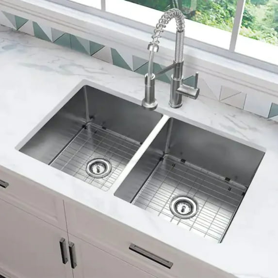 Glacier Bay - Model 1005459140 - Tight Radius Undermount 18G Stainless Steel 36 in. 50/50 Double Bowl Kitchen Sink with Accessories UPC: 08936084970651