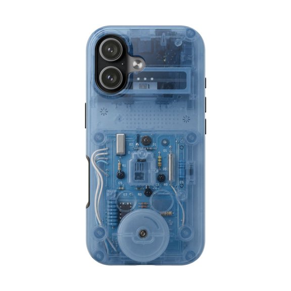Glacier Blue Retro Cassette Clear Tech Effect Tough Phone Case, Dual-Layer Protective Cover for iPhone
